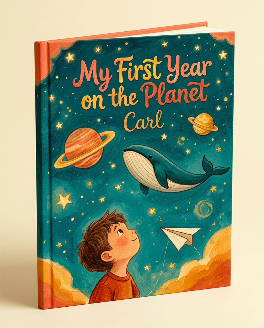 Hand-painted children's book cover with a child gazing at a starry whale