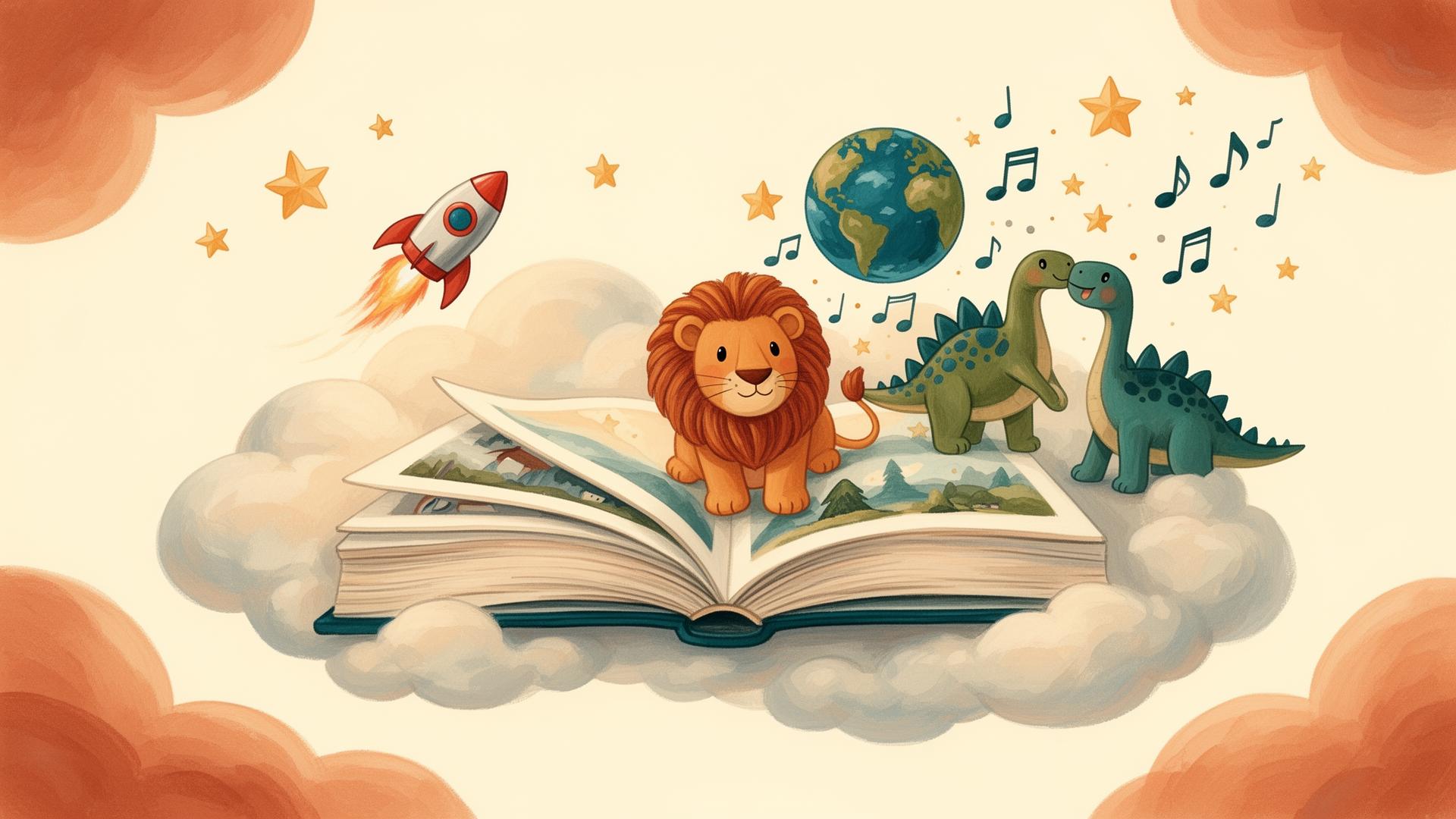 Open storybook with a friendly lion, dinosaurs and a rocket floating among clouds