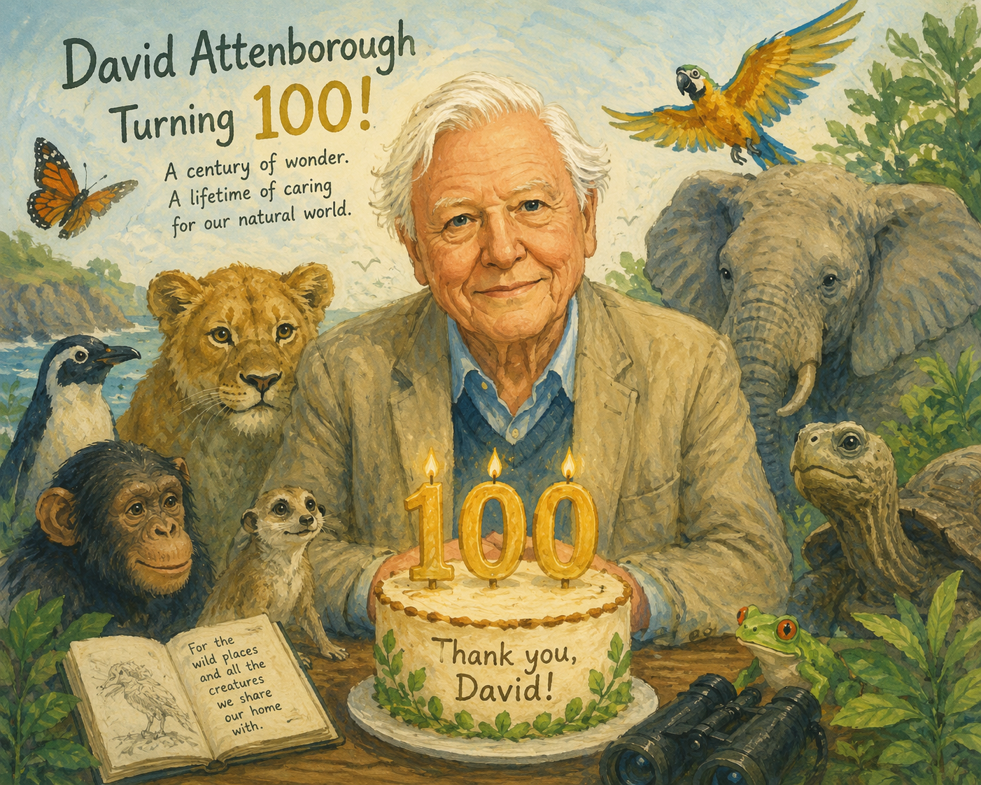 A spread celebrating David Attenborough's 100th — picked by the family, painted by hand.
